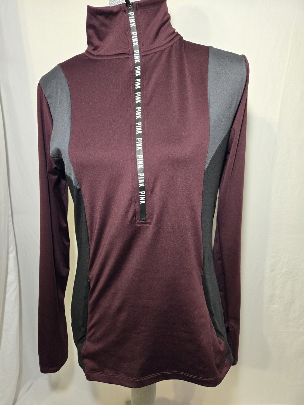 PINK Victoria's Secret 1/2 Zip Burgundy Gray & Black Pullover US Womens Size M